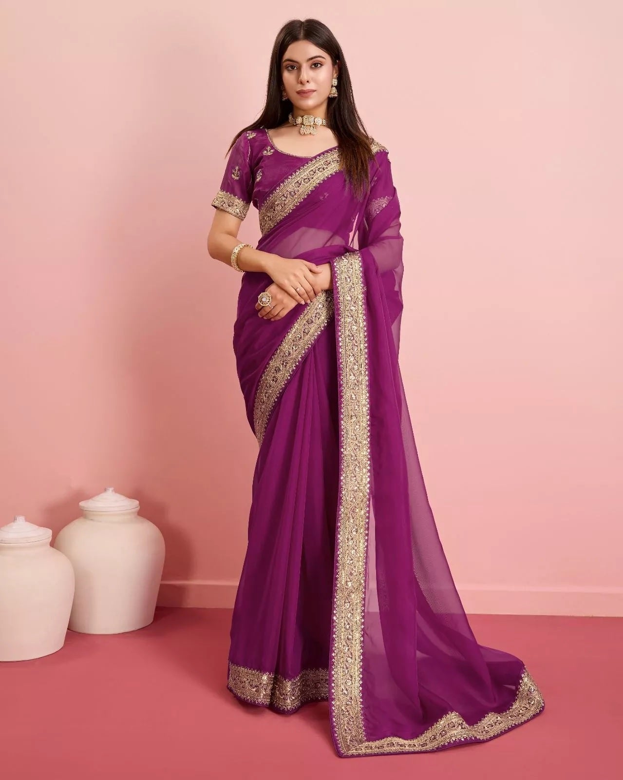 Tabby Silk Organza With Embroidery Lace Work Sari &  Blouse