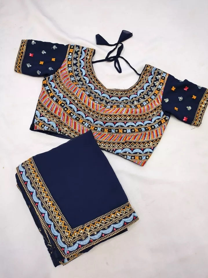 Soft Georgette With Embroidery Lace Border Ready To Wear Sari With Blouse