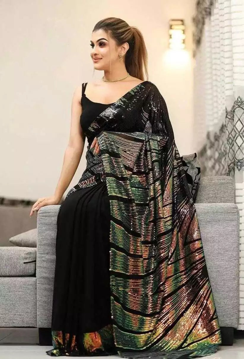 Georgette Embroidery Work Sequence Lace Work Saree,Party Wear Sari