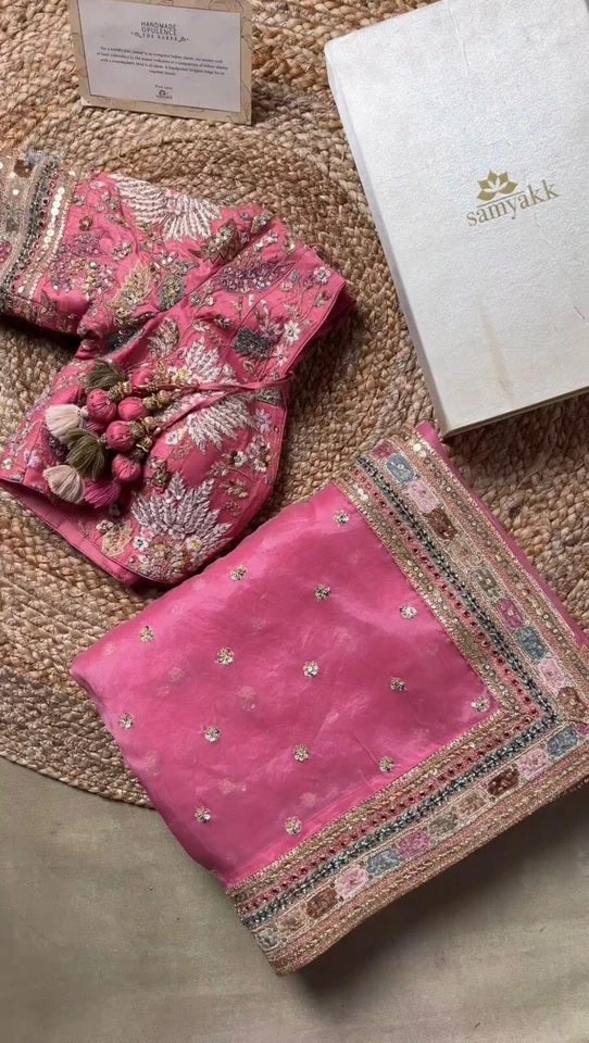 Pink Heavy Soft Tissue Organza Silk Saree, Wedding Wear Sari With Blouse