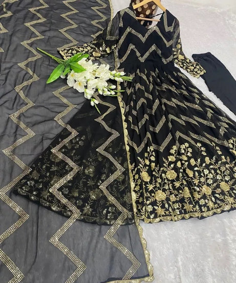 Fox Georgette With Embroidery Work With Full Sleeve Gown Bottom Dupatta Set