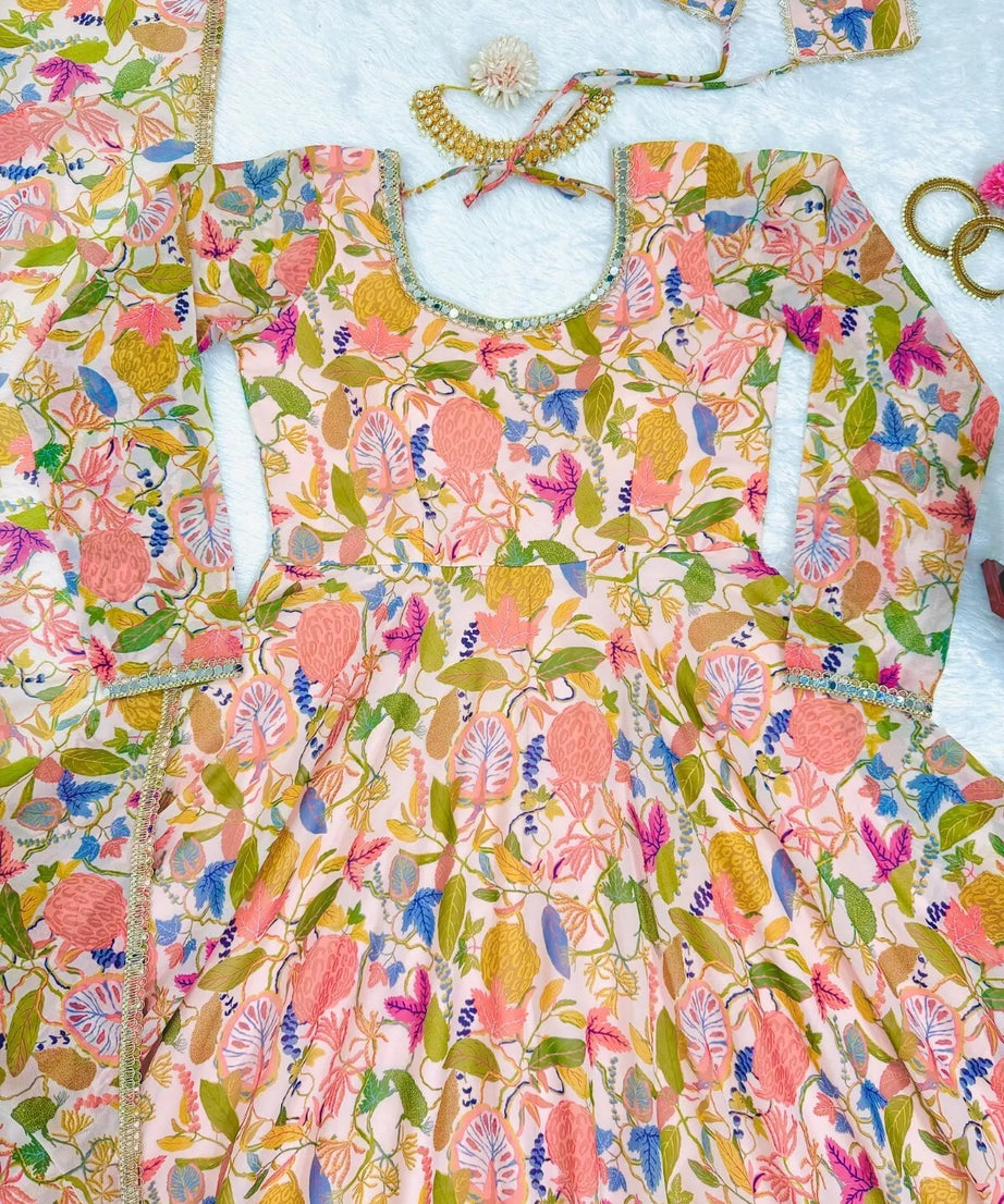 Georgette With Inner  Digital Print Mirror Work Anarkali Suit & Dupatta