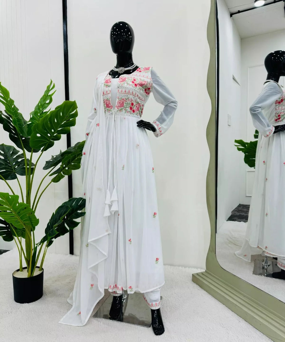 Faux Georgette Bollywood Full Stitched Kurti Shrug & Pant Dupatta