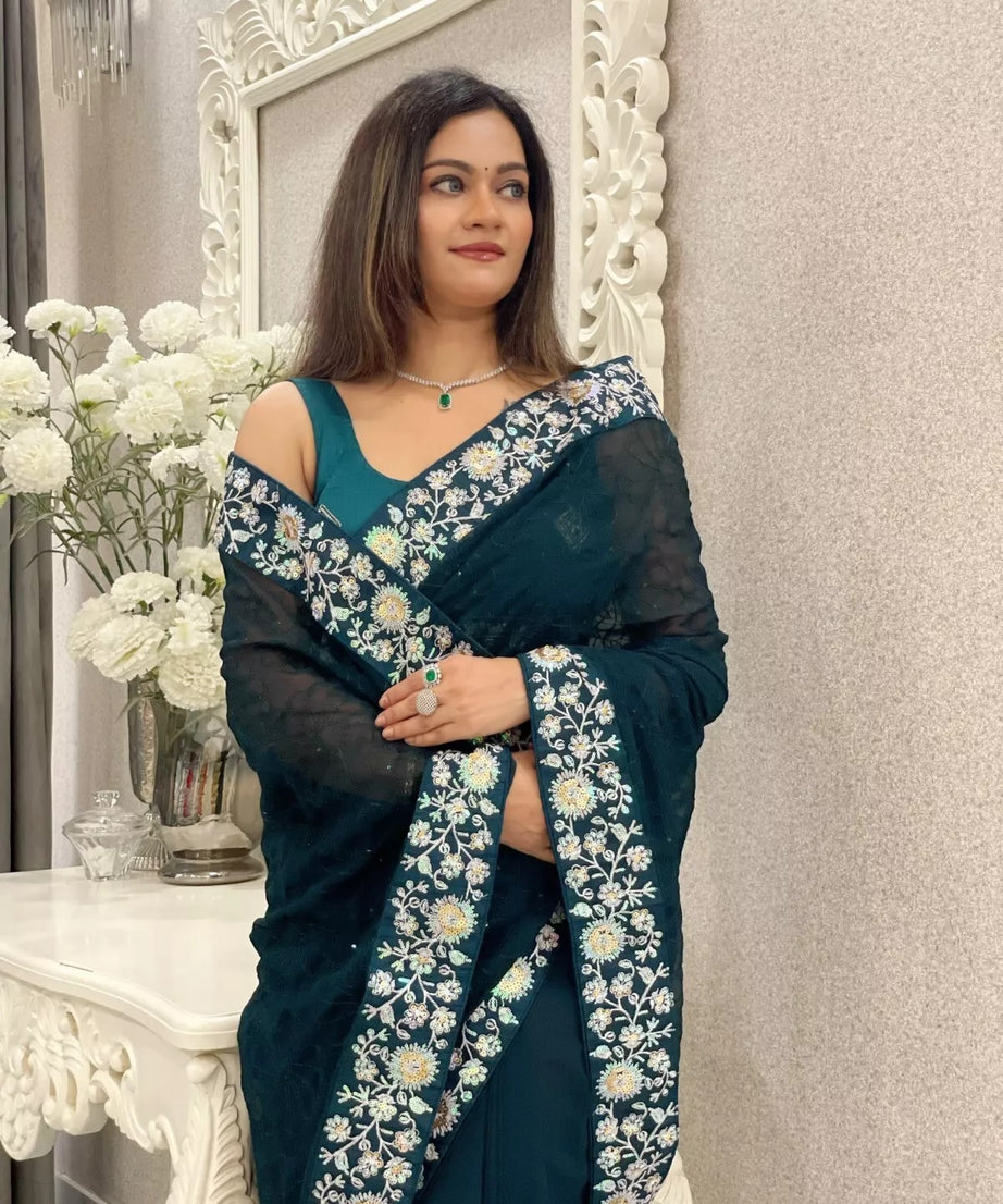 Georgette With Designer Floral Embroidery Work Sari & Blouse