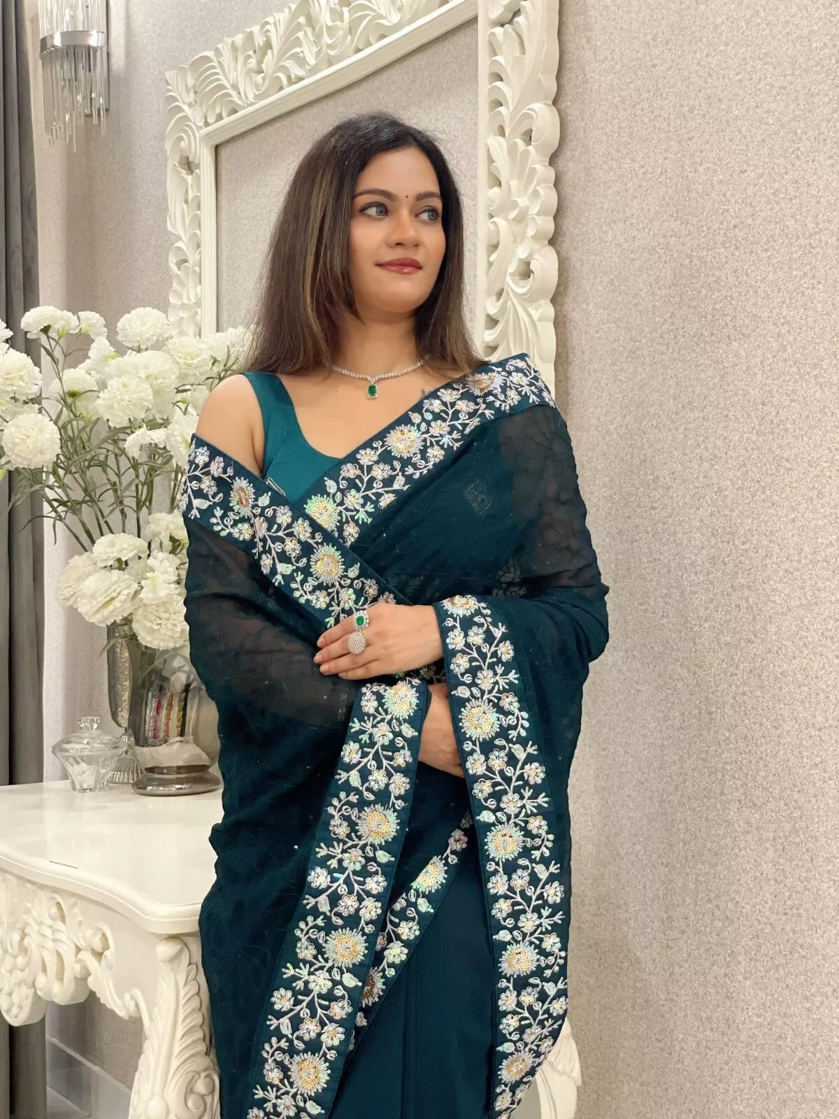 Georgette With Designer Floral Embroidery Work Sari & Blouse