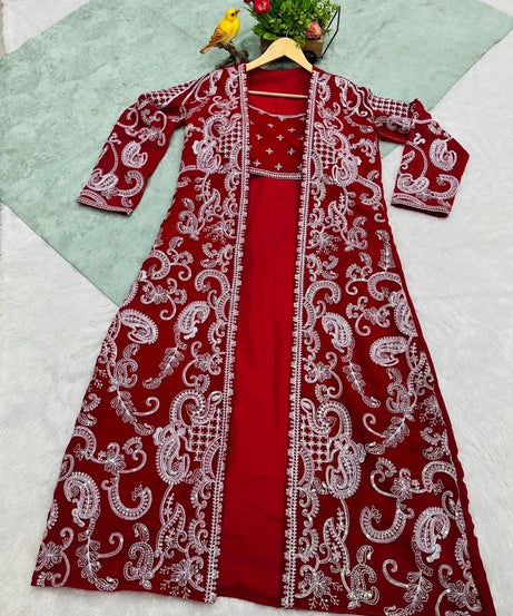 Faux Georgette With Designer  Embroidery Work Shrug - Palazzo & Blouse