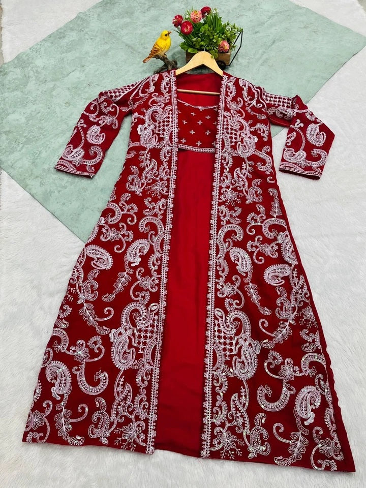 Faux Georgette With Designer  Embroidery Work Shrug - Palazzo & Blouse