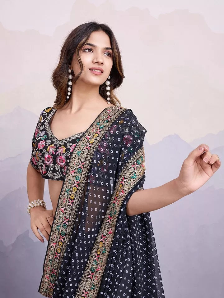 Georgette With Digital Print &Embroidery Work Sari With Blouse