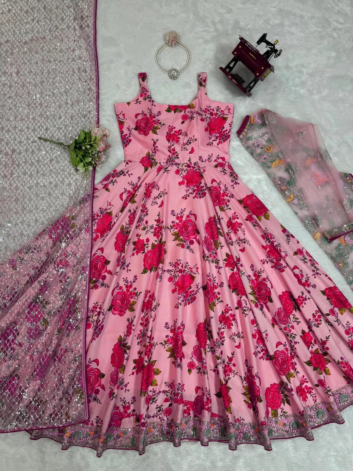 Butterfly Net With Thread & Sequence Work Bollywood Style Top Lehenga & Dupatta