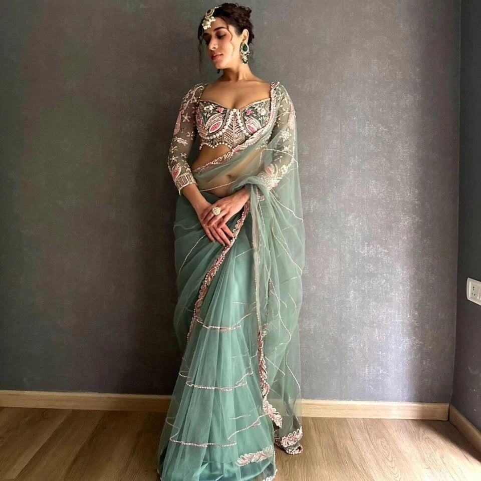 Heavy Soft Net With Embroidery And Sequence Work wedding Party wear Saree And Blouse 11-KK