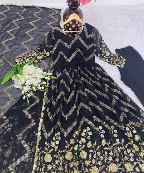 Fox Georgette With Embroidery Work With Full Sleeve Gown Bottom Dupatta Set