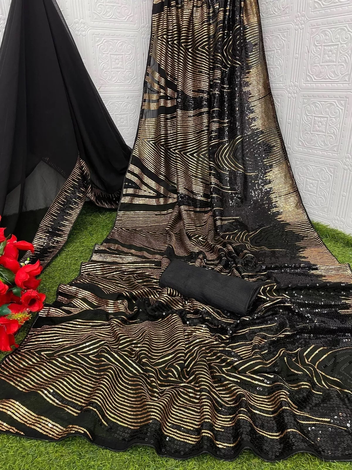 Georgette Embroidery Work Sequence Lace Work Saree,Party Wear Sari