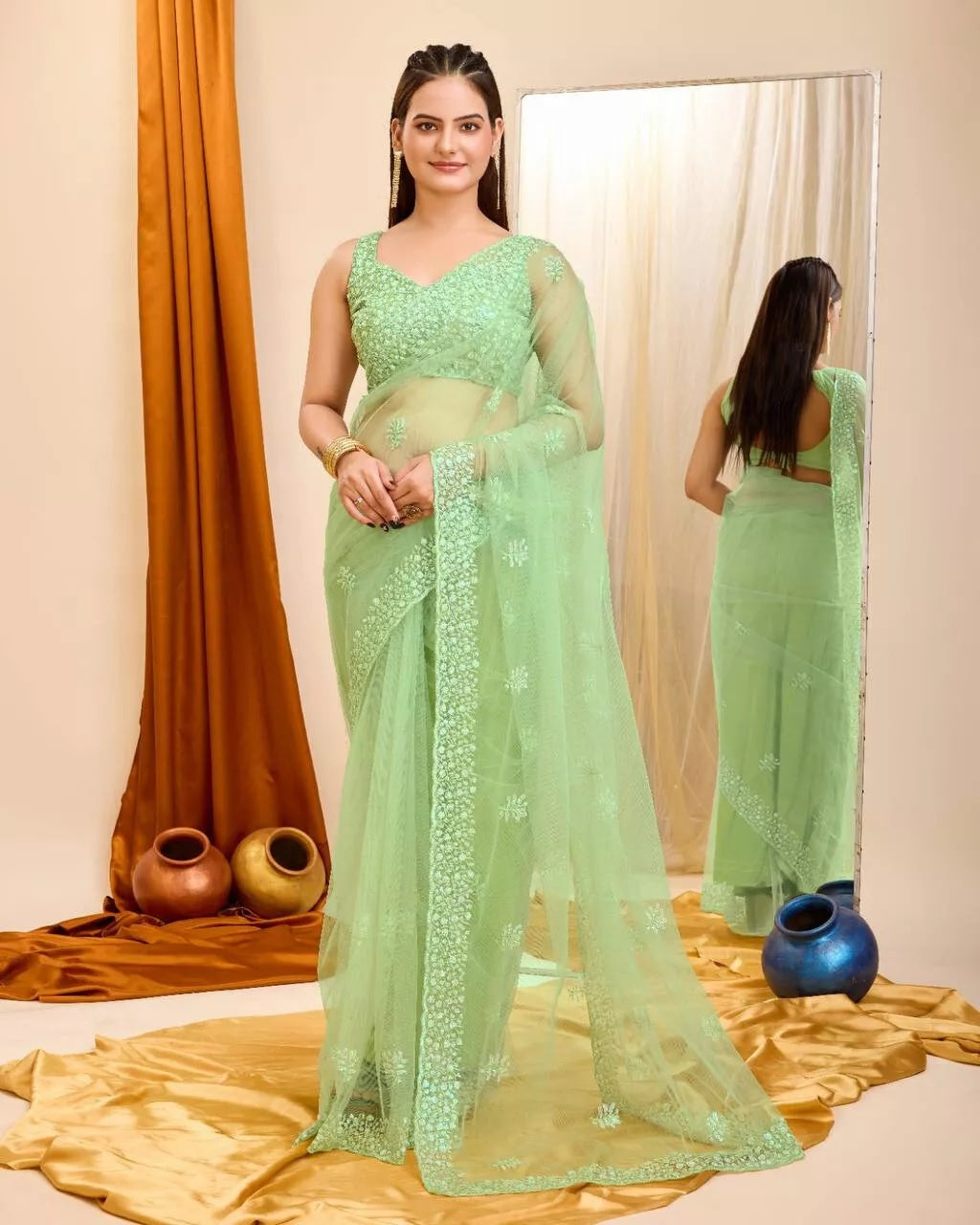 Soft Net  3MM Sequence Embroidery Work Saree & Blouse