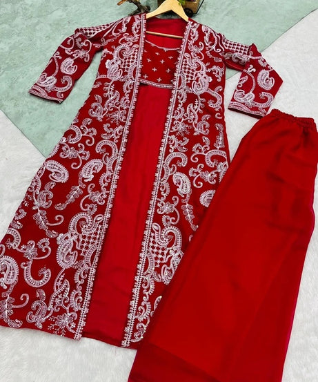 Faux Georgette With Designer  Embroidery Work Shrug - Palazzo & Blouse