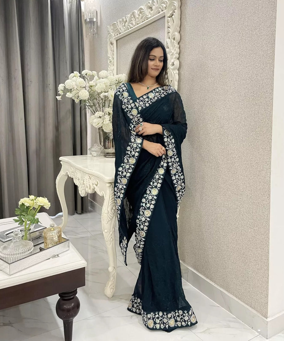 Georgette With Designer Floral Embroidery Work Sari & Blouse