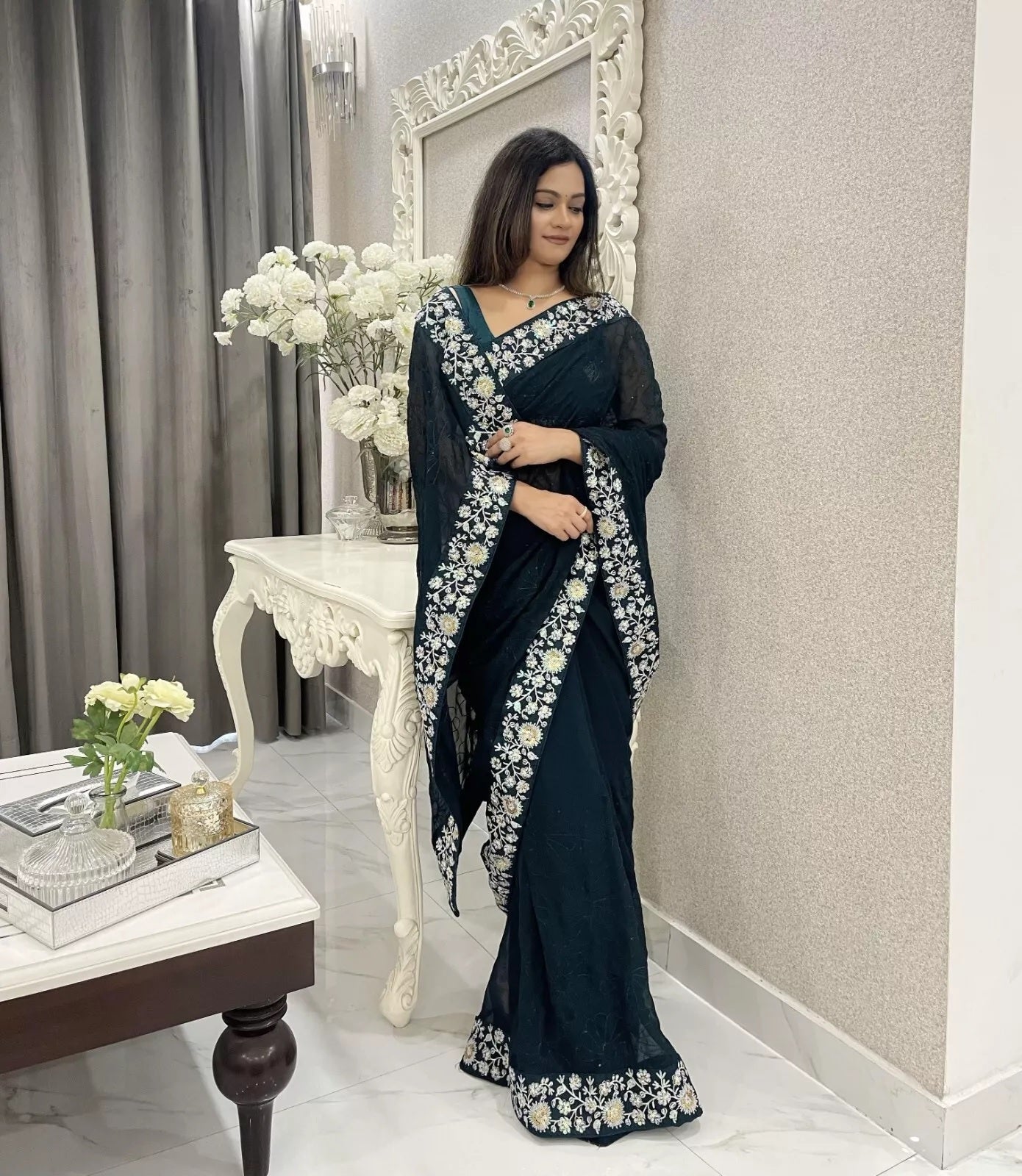 Party Wear Faux Georgette Saree, Indian Wedding Sari With Blouse
