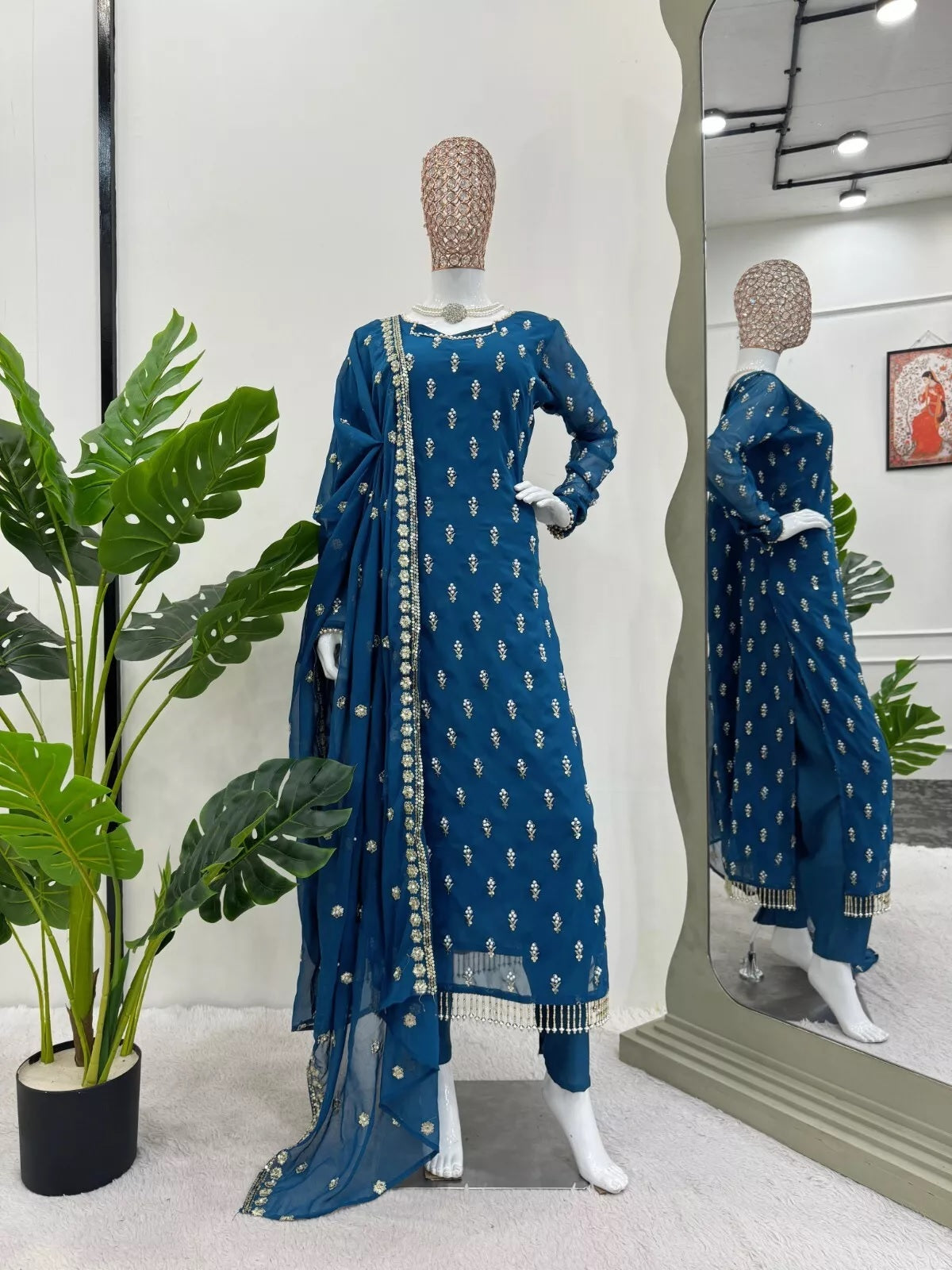 Traditional Fancy Wear Faux Georgette Top Pant With Dupatta