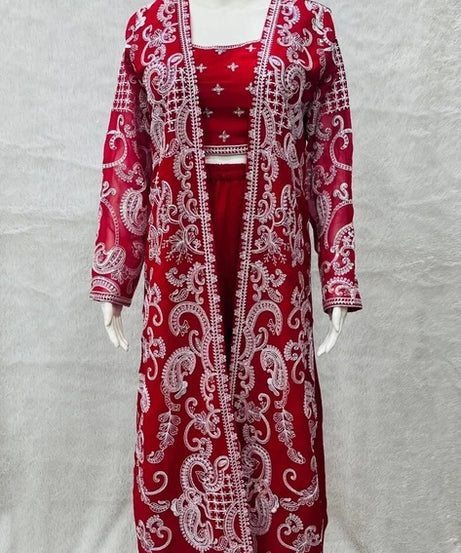 Faux Georgette With Designer  Embroidery Work Shrug - Palazzo & Blouse
