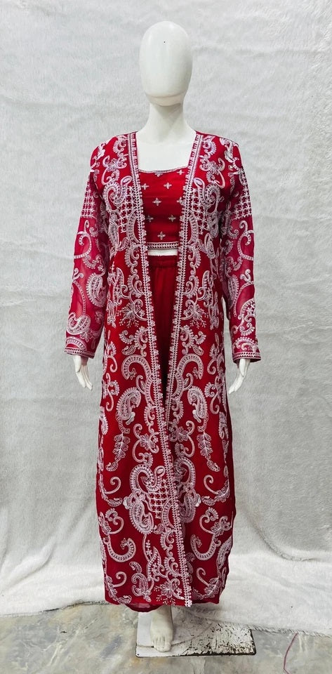 Faux Georgette With Designer  Embroidery Work Shrug - Palazzo & Blouse