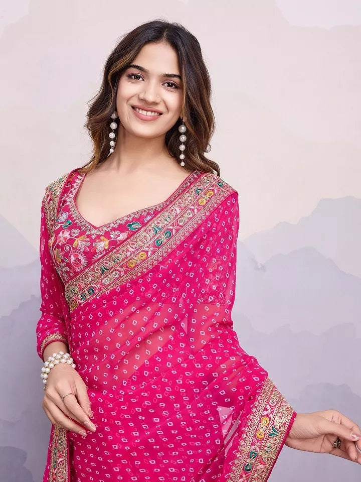 Georgette With Digital Print &Embroidery Work Sari With Blouse