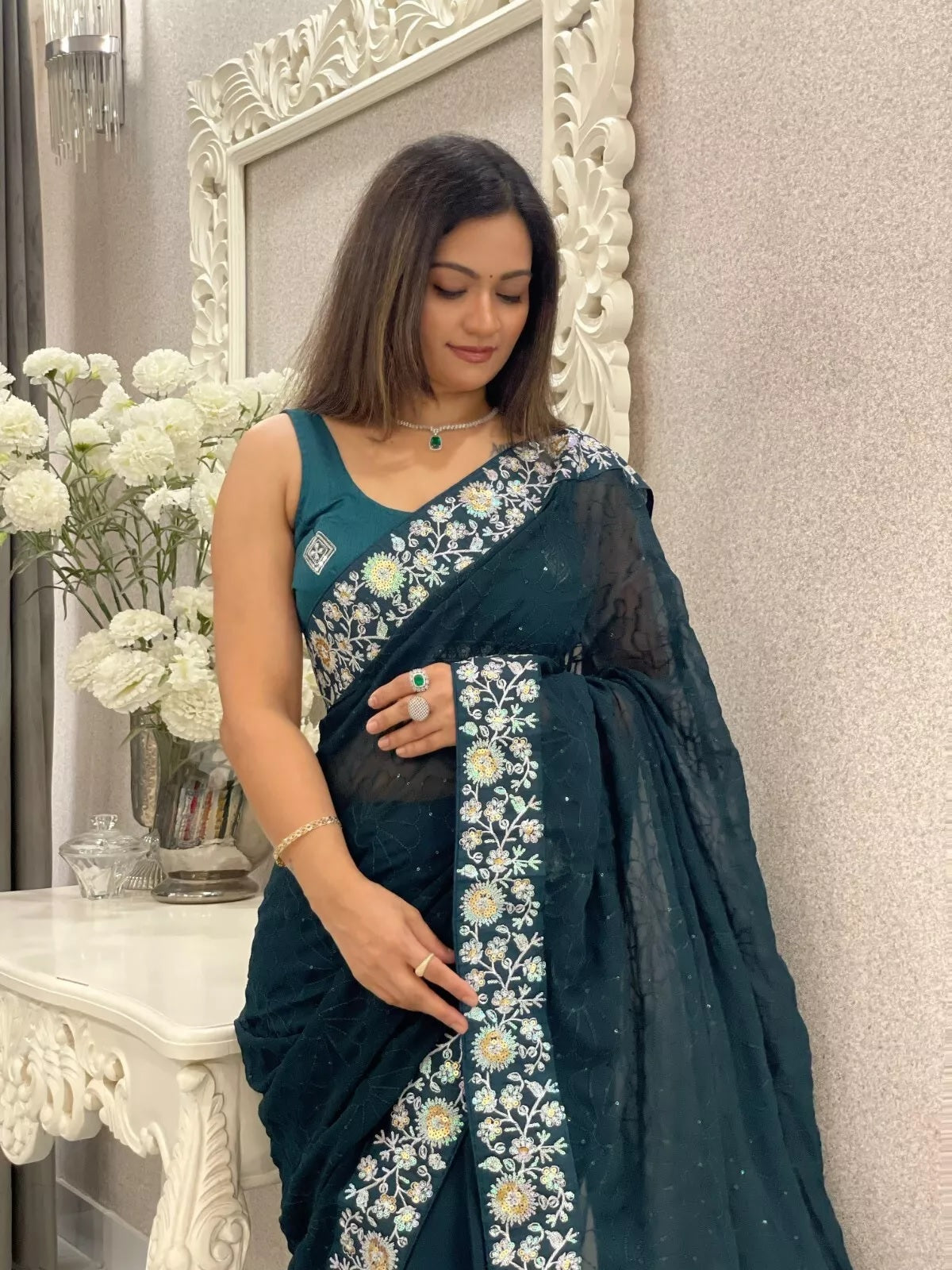 Party Wear Faux Georgette Saree, Indian Wedding Sari With Blouse