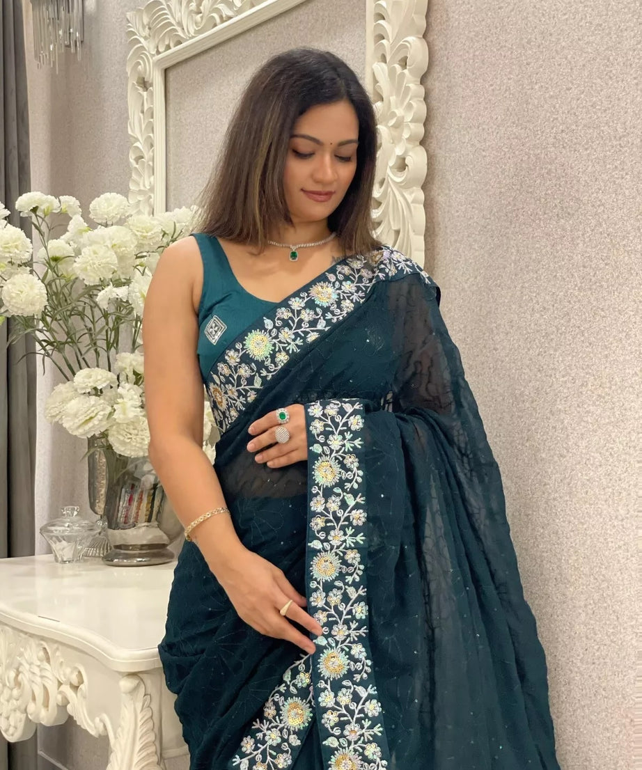 Georgette With Designer Floral Embroidery Work Sari & Blouse