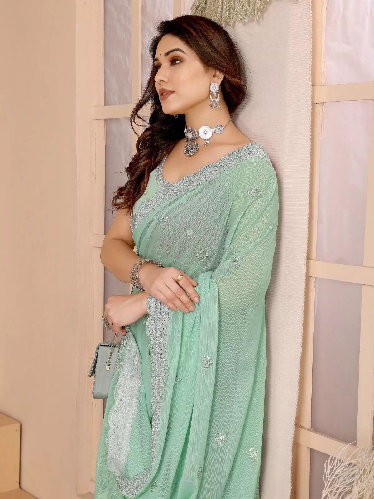 Traditional Party Zomato Chiffon Silk Saree, Wedding Bollywood Sari & Blouse