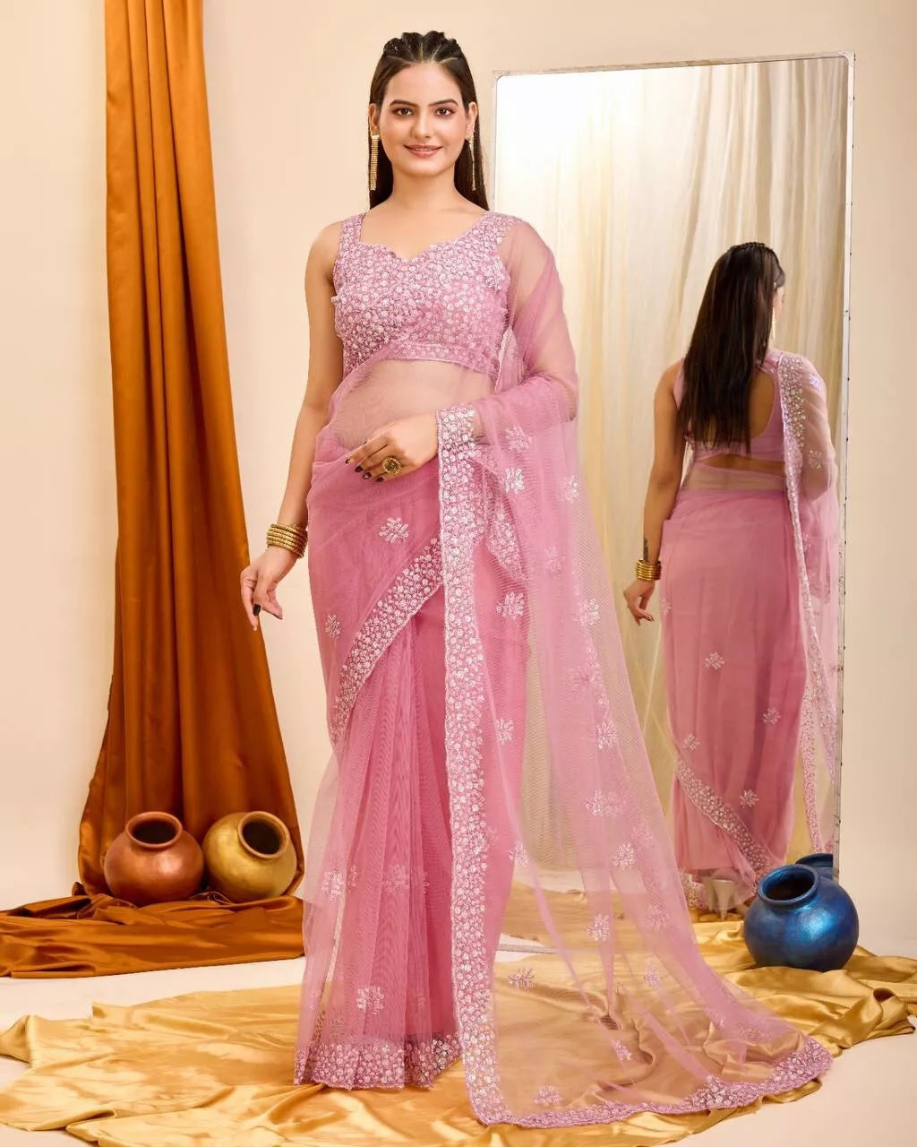 Soft Net  3MM Sequence Embroidery Work Saree & Blouse