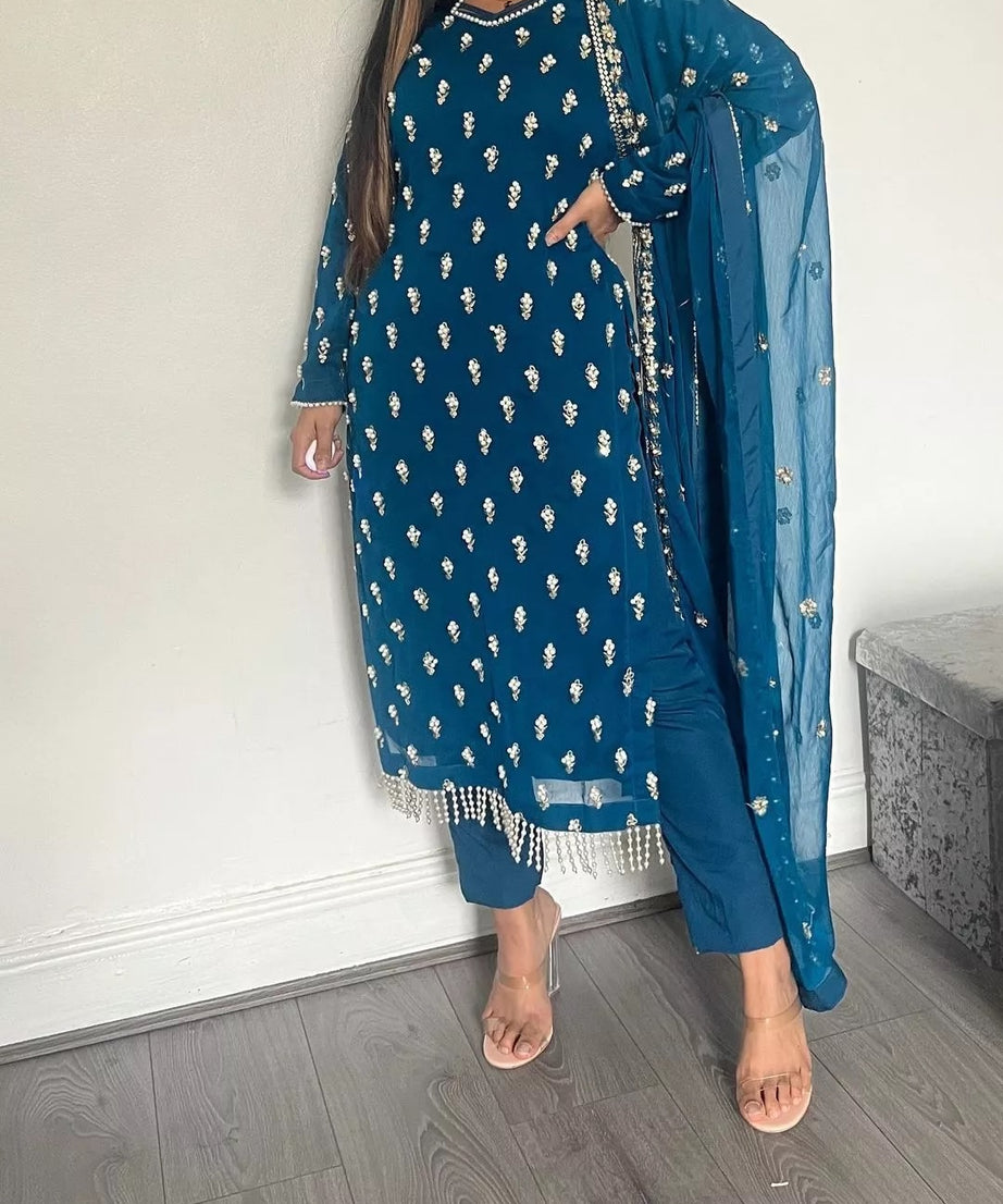 Traditional Fancy Wear Faux Georgette Top Pant With Dupatta