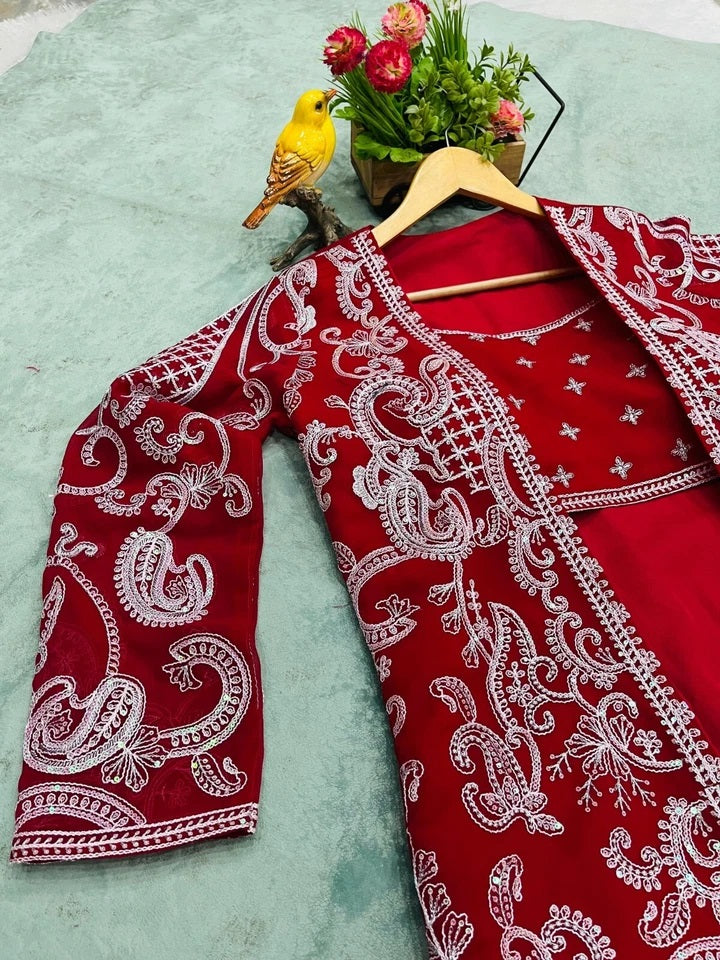 Faux Georgette With Designer  Embroidery Work Shrug - Palazzo & Blouse