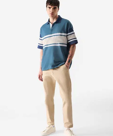 Solids Ocean Blue Colourblock Oversized Polos