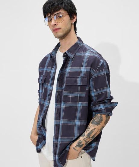 Plaid Blue Men Utility Shirts