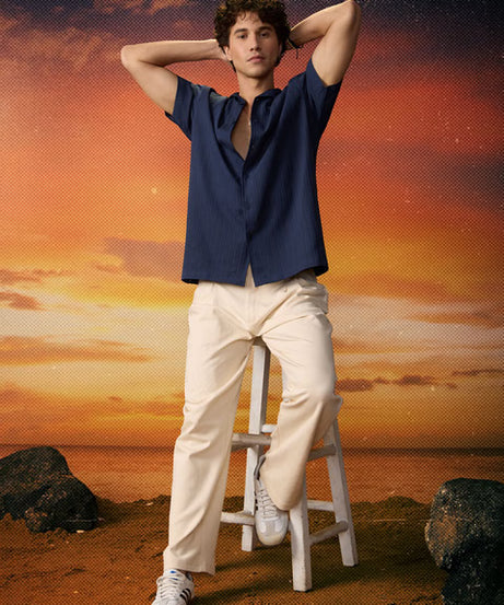 Solids Rich Navy Blue Men Textured Shirts