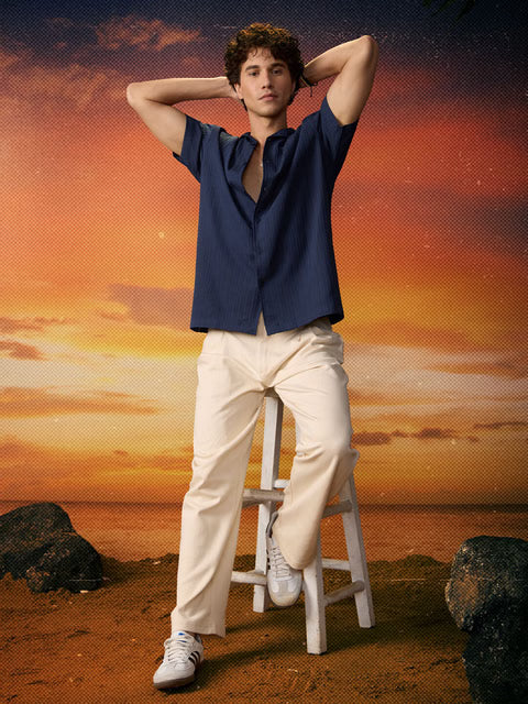 Solids Rich Navy Blue Men Textured Shirts