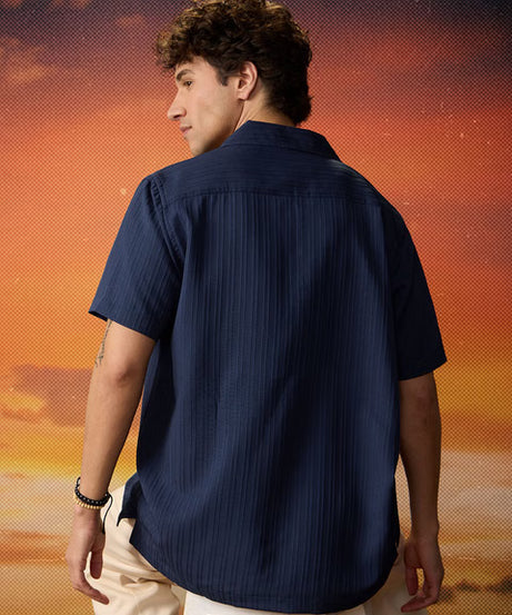 Solids Rich Navy Blue Men Textured Shirts