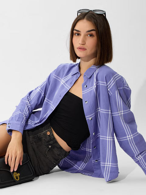 Plaid Purple And White Women Boyfriend Shirts