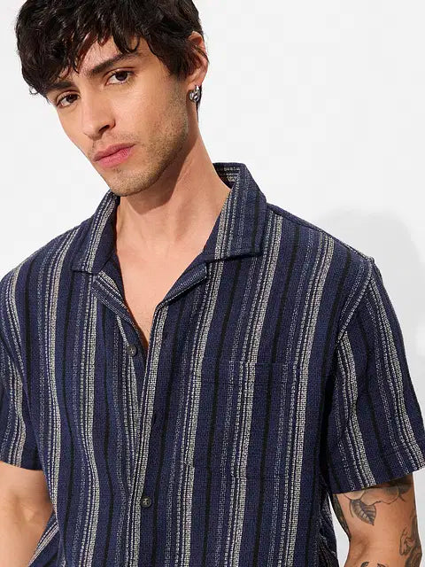 Navy Men Textured Shirts