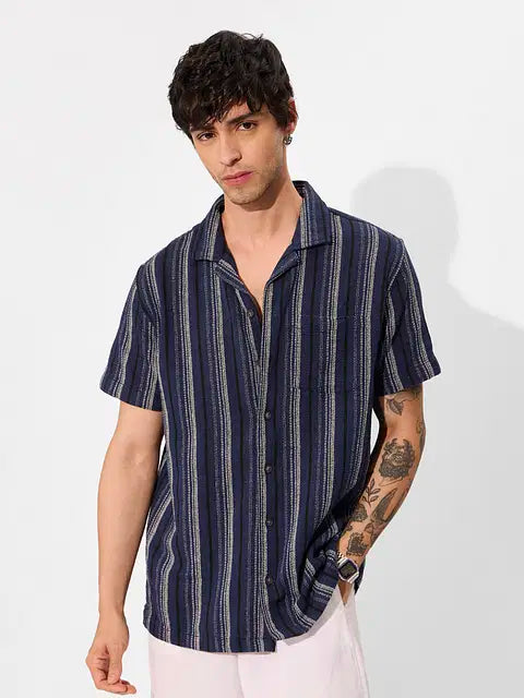 Navy Men Textured Shirts