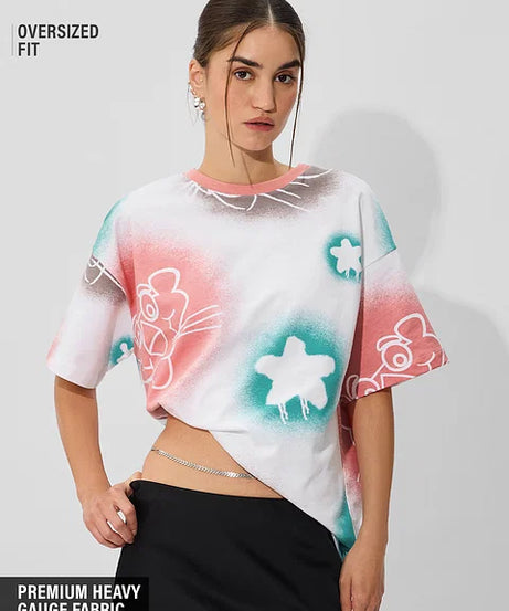 Pink Panther Paws & Paint Women Oversized T-Shirts