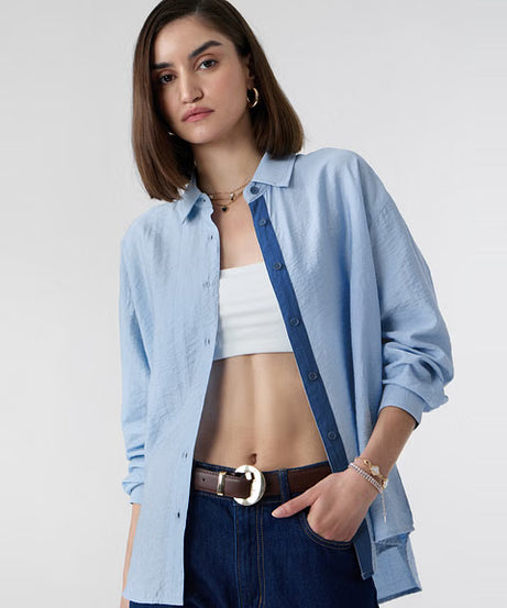 Textured Sky Blue Women Boyfriend Shirts