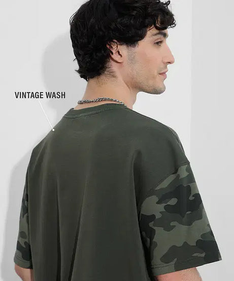 Panel Detail Forest Camo Oversized T-Shirts