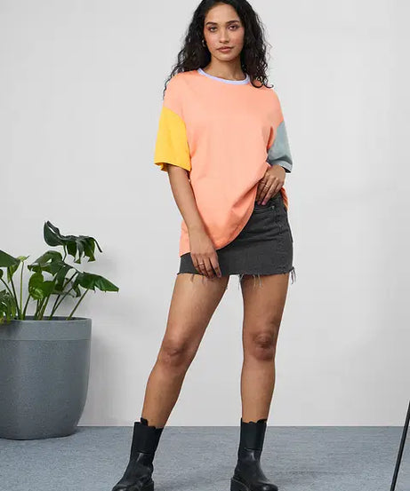 Yellow, Pink & Grey Colourblock Women Oversized T-Shirts