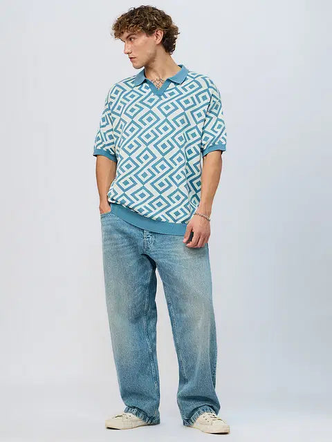 Jacquard Blue Retro Oversized Polos
