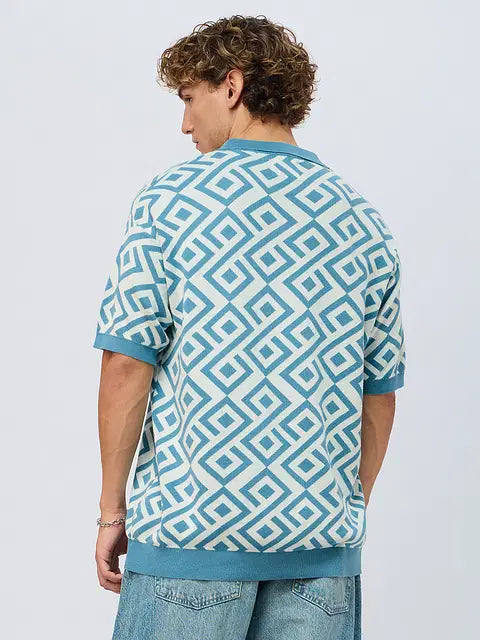 Jacquard Blue Retro Oversized Polos