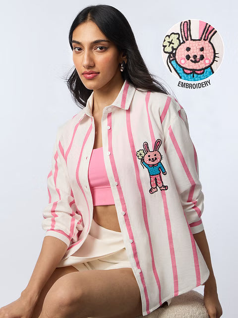 Pink Stripes Clover Bunny Women Boyfriend Shirts