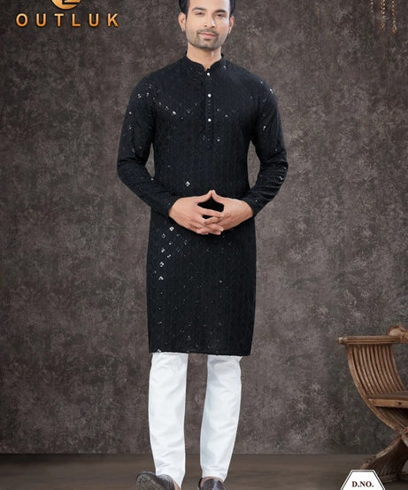 Traditional Wear Rayon Sifly Lakhnawi Kurta Pajama Set For Men's