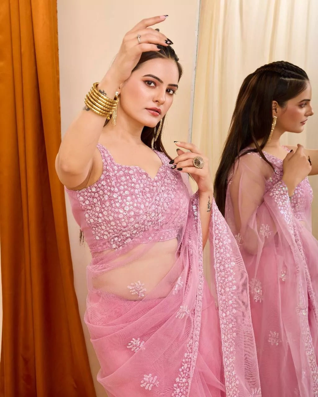 Soft Net  3MM Sequence Embroidery Work Saree & Blouse