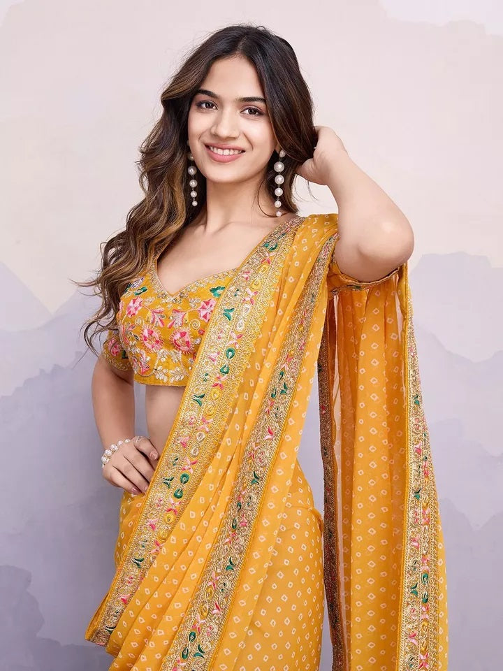 Georgette With Digital Print &Embroidery Work Sari With Blouse