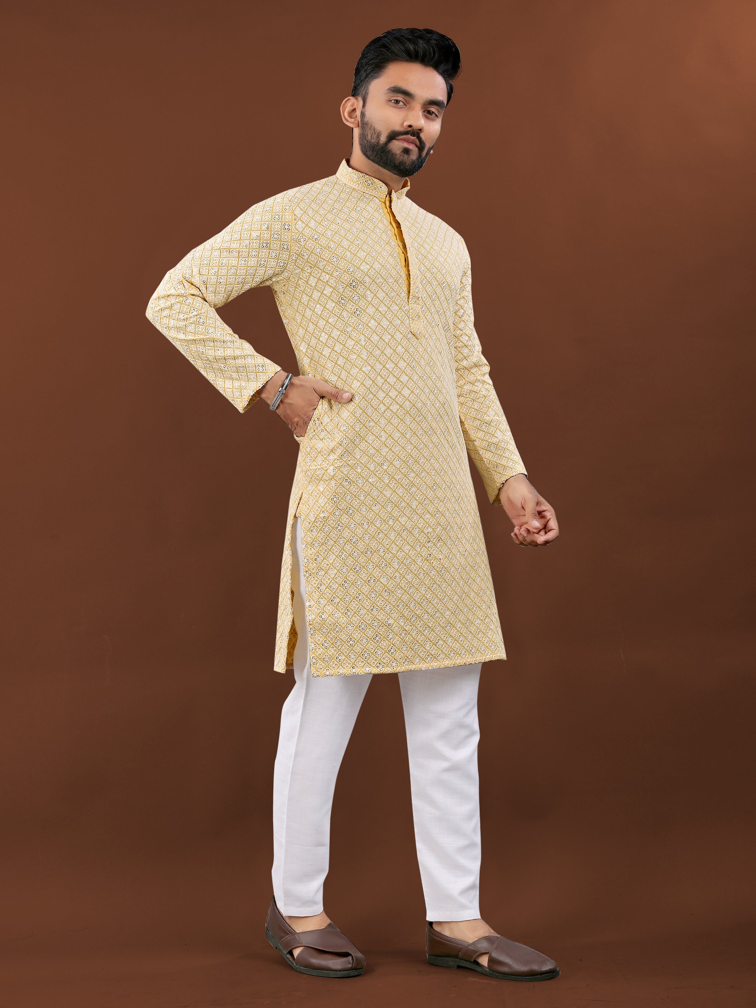 Heavy Rayon With Lucknowi Work Kurta Pajama Set For Men's