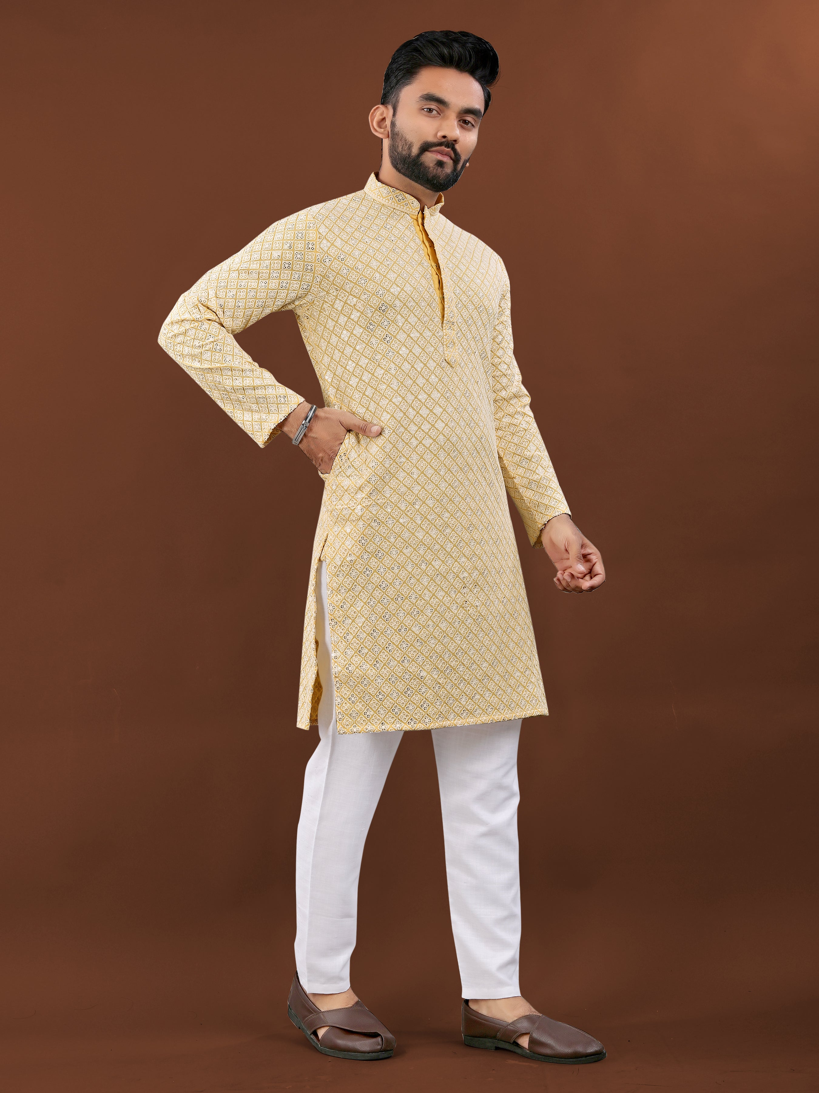 Heavy Rayon With Lucknowi Work Kurta Pajama Set For Men's